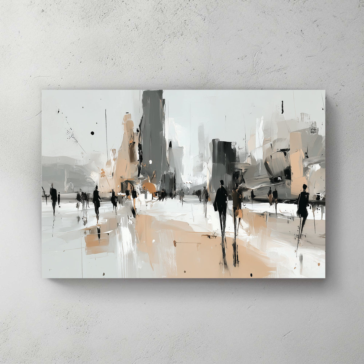 Abstract urban cityscape with silhouettes and geometric buildings in neutral tones