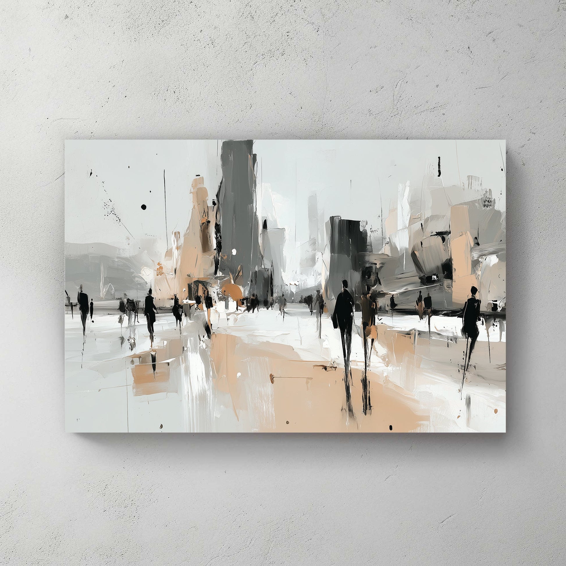 Abstract urban cityscape with silhouettes and geometric buildings in neutral tones