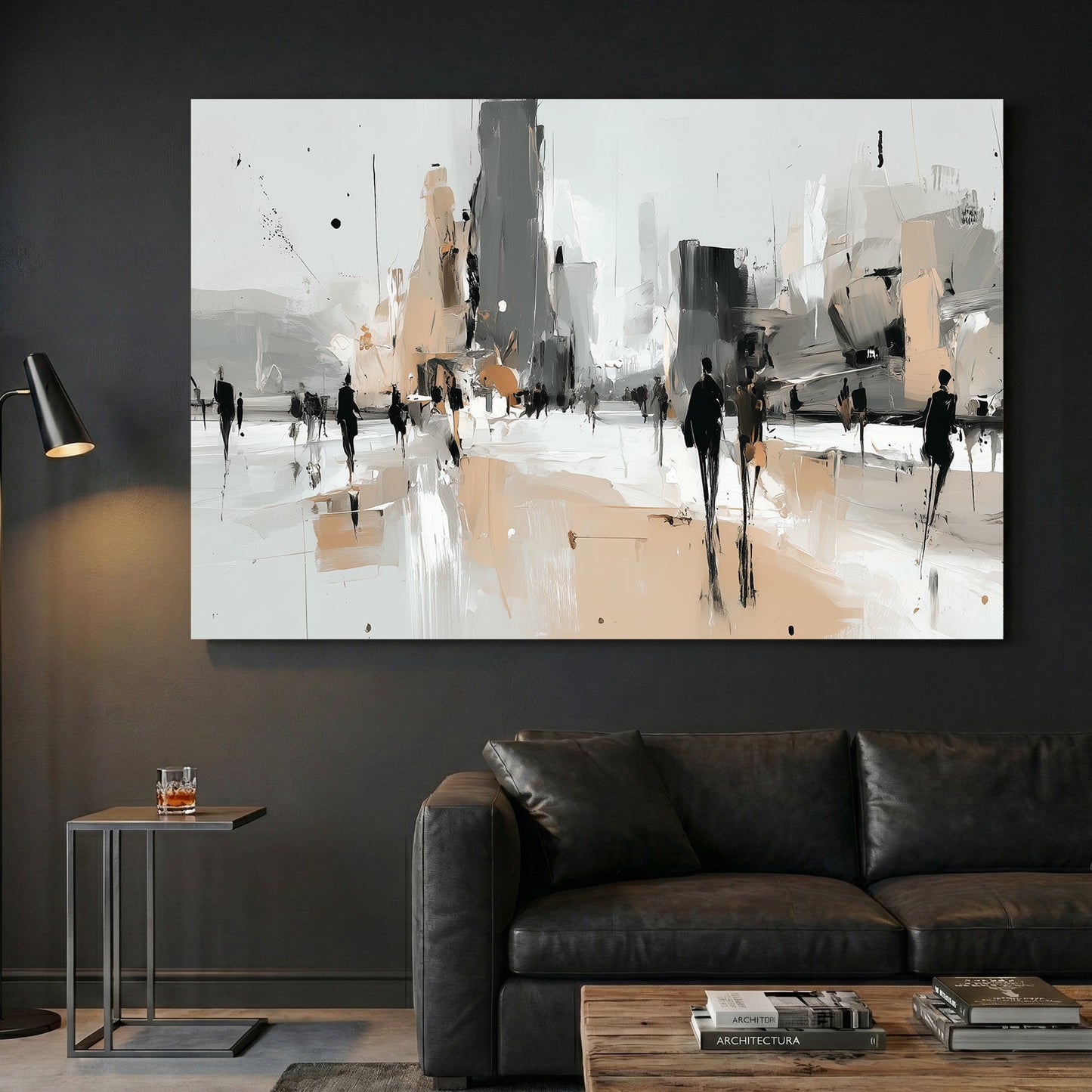 Abstract urban cityscape with silhouettes and geometric buildings in neutral tones