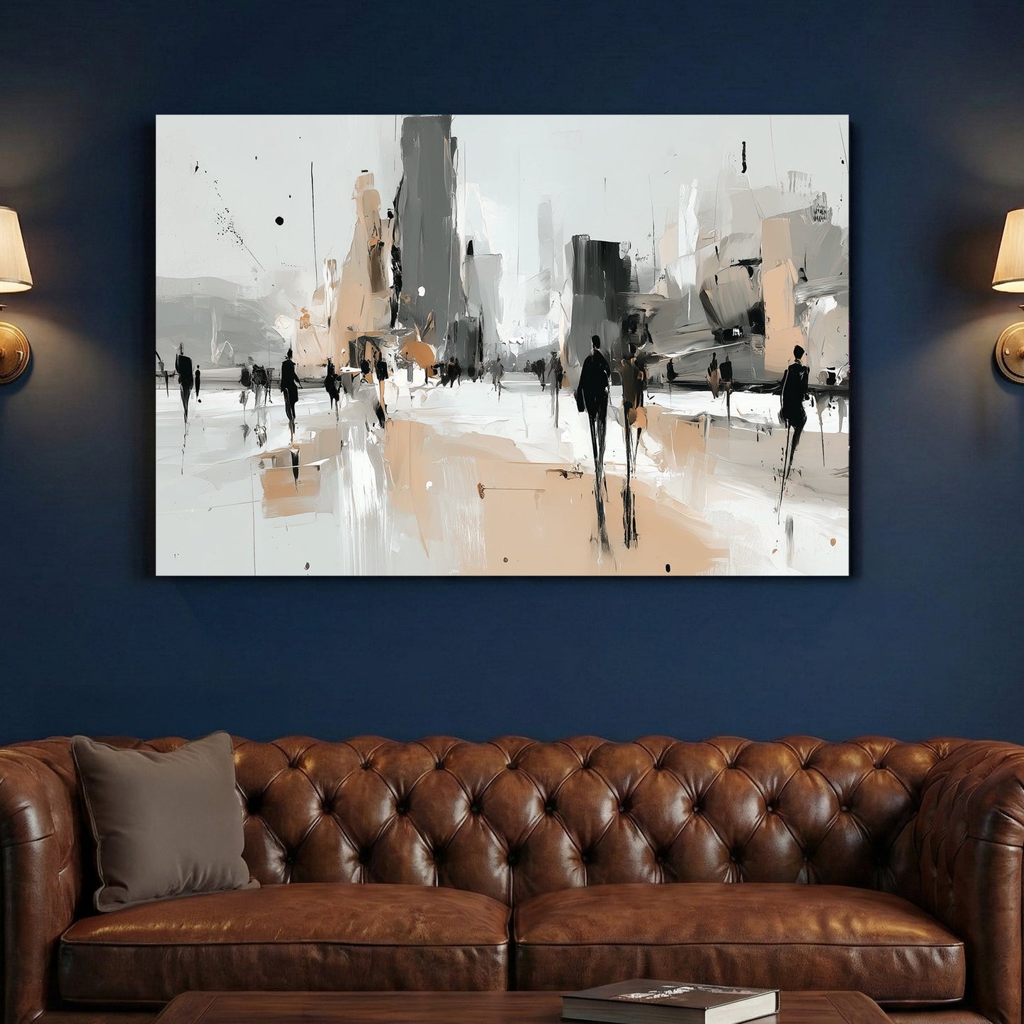 Abstract urban cityscape with silhouettes and geometric buildings in neutral tones