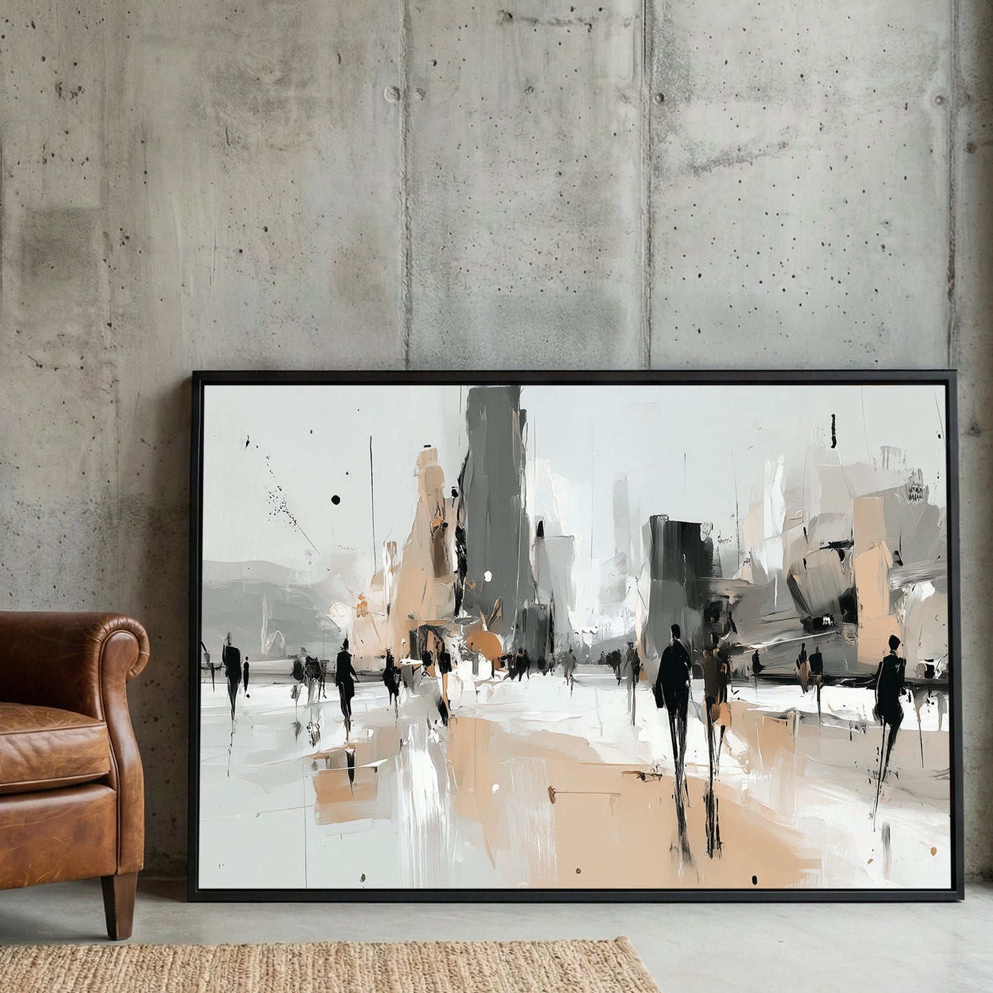 Abstract urban cityscape with silhouettes and geometric buildings in neutral tones