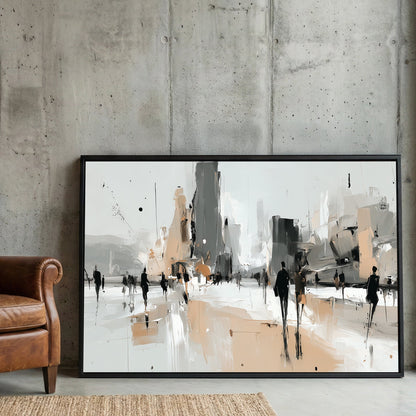 Abstract urban cityscape with silhouettes and geometric buildings in neutral tones