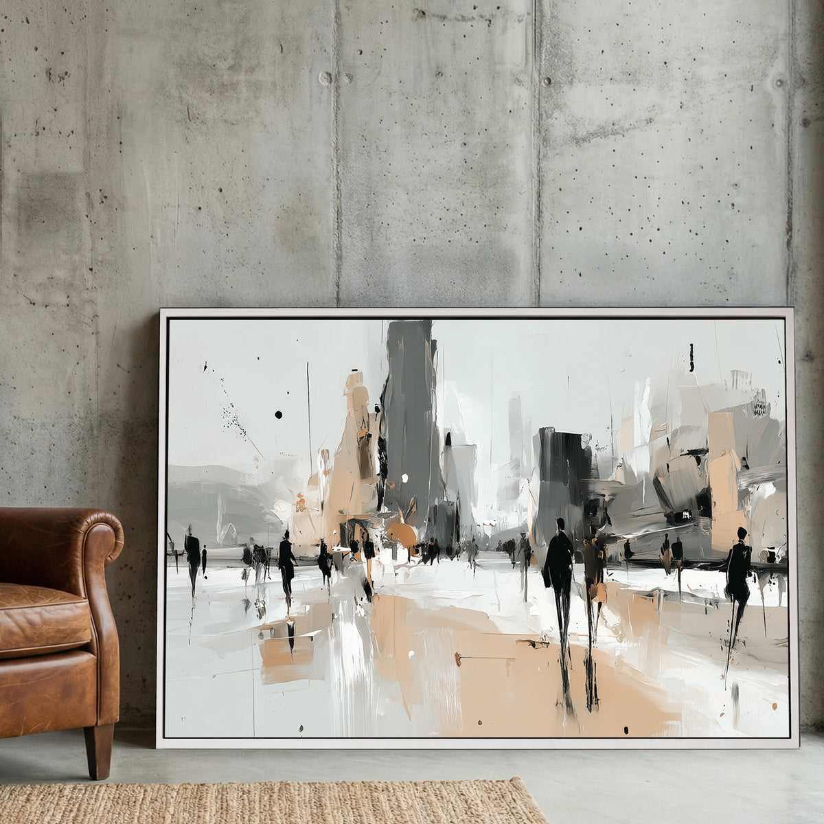Abstract urban cityscape with silhouettes and geometric buildings in neutral tones
