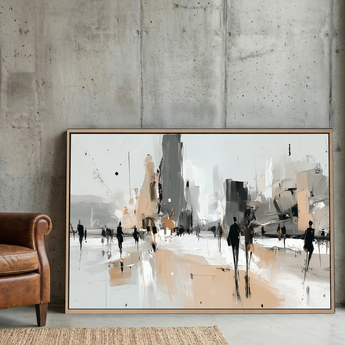 Abstract urban cityscape with silhouettes and geometric buildings in neutral tones