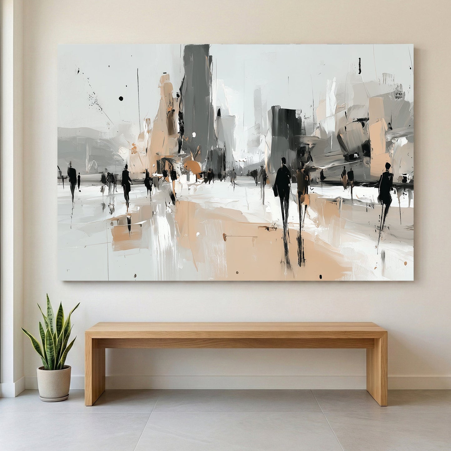 Abstract urban cityscape with silhouettes and geometric buildings in neutral tones
