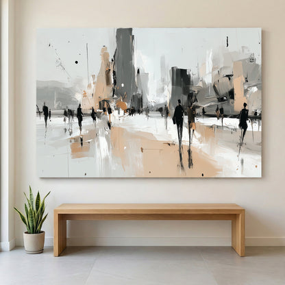 Abstract urban cityscape with silhouettes and geometric buildings in neutral tones