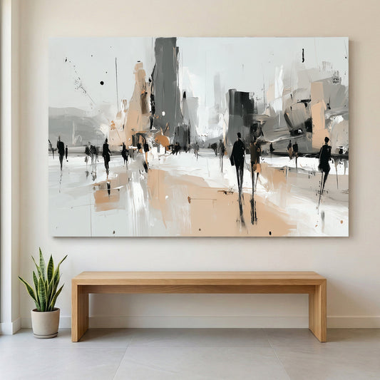 Abstract urban cityscape with silhouettes and geometric buildings in neutral tones