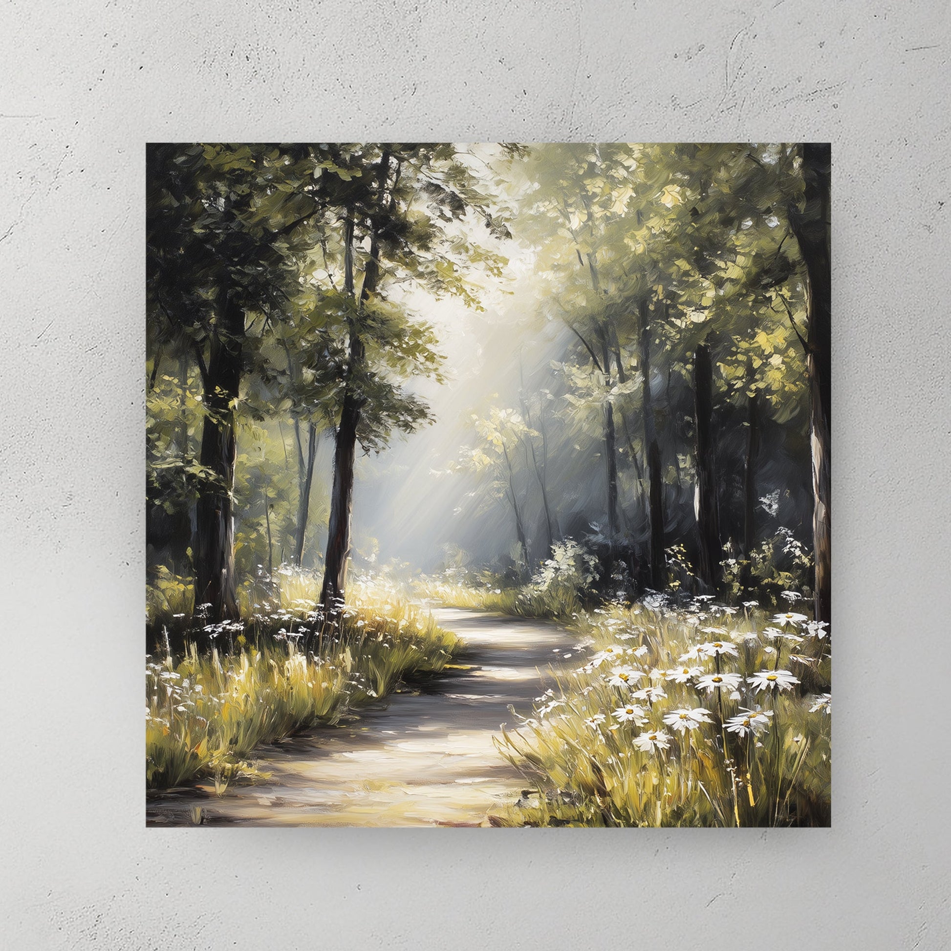 Watercolour forest path with golden light, trees, and peaceful woodland atmosphere