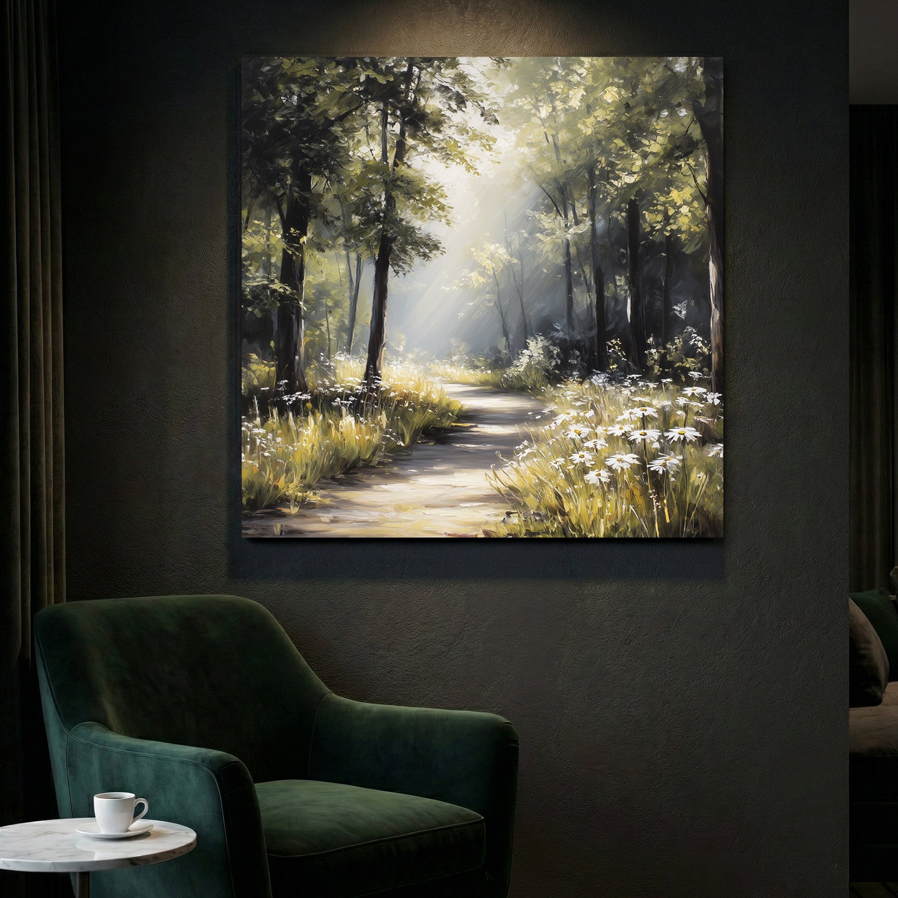 Watercolour forest path with golden light, trees, and peaceful woodland atmosphere