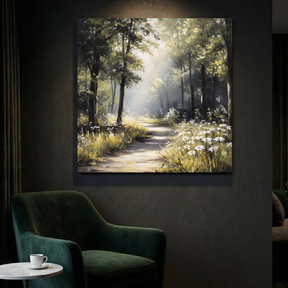 Watercolour forest path with golden light, trees, and peaceful woodland atmosphere