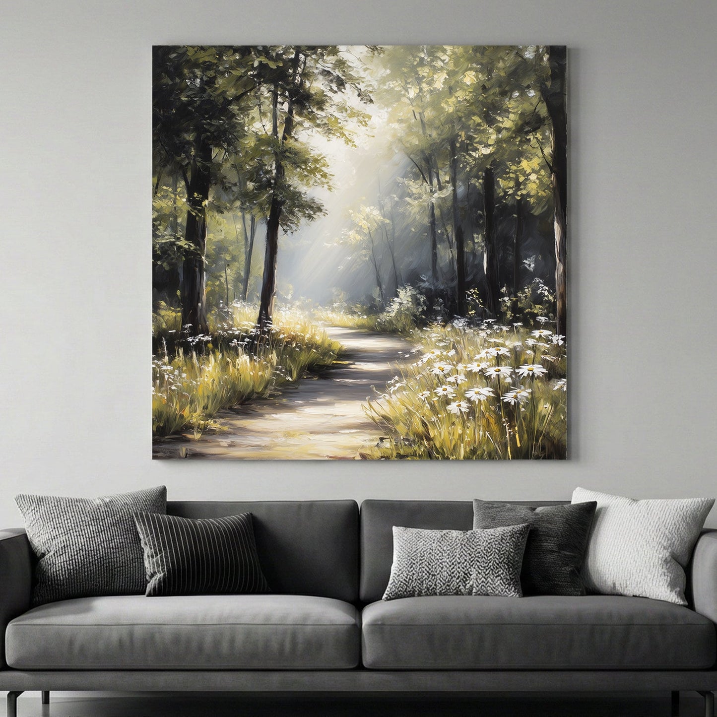 Watercolour forest path with golden light, trees, and peaceful woodland atmosphere