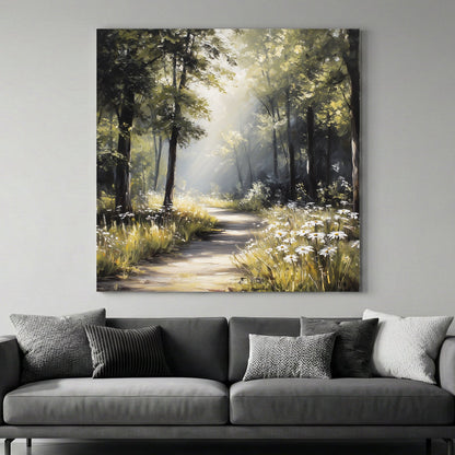 Watercolour forest path with golden light, trees, and peaceful woodland atmosphere