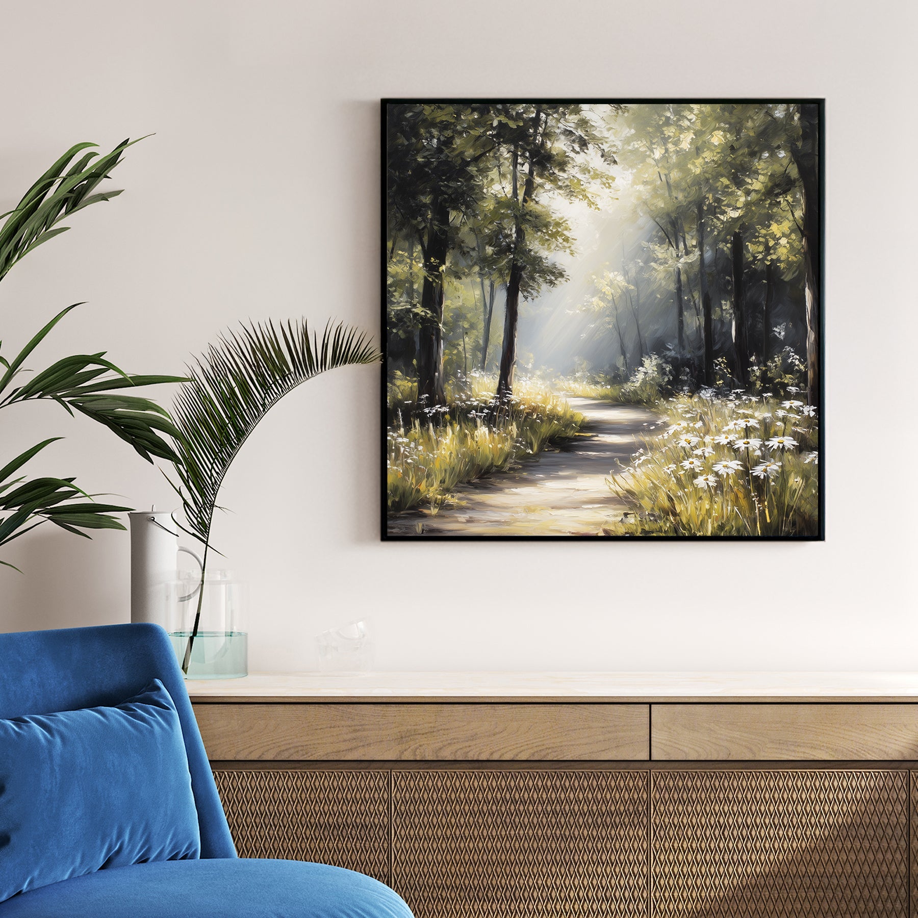 Watercolour forest path with golden light, trees, and peaceful woodland atmosphere