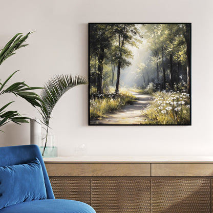 Watercolour forest path with golden light, trees, and peaceful woodland atmosphere