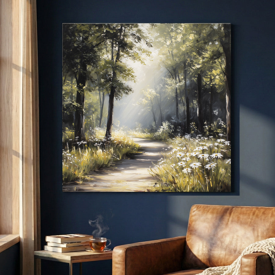 Watercolour forest path with golden light, trees, and peaceful woodland atmosphere