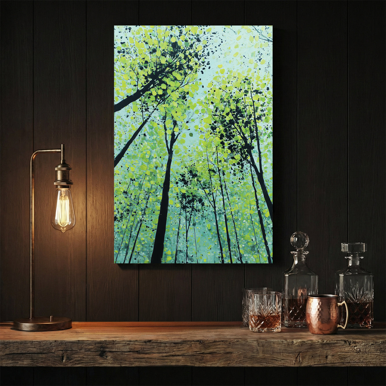 Forest trees with green foliage and speckles wall art print