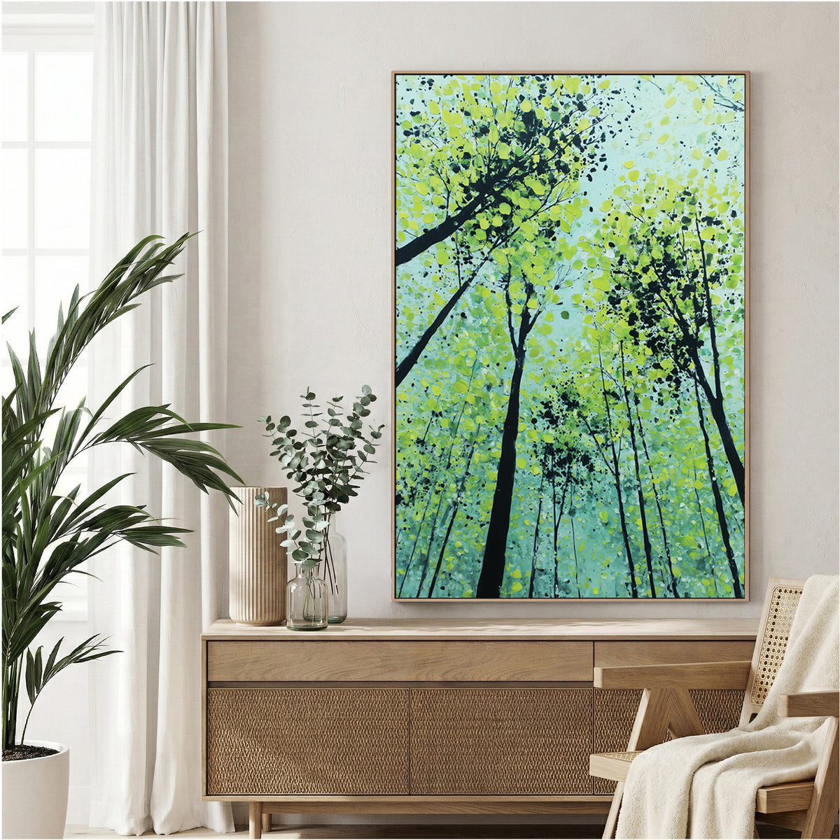 Forest trees with green foliage and speckles wall art print