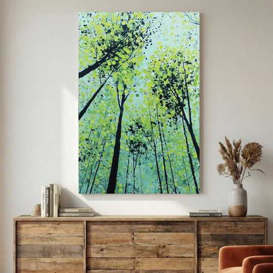 Forest trees with green foliage and speckles wall art print