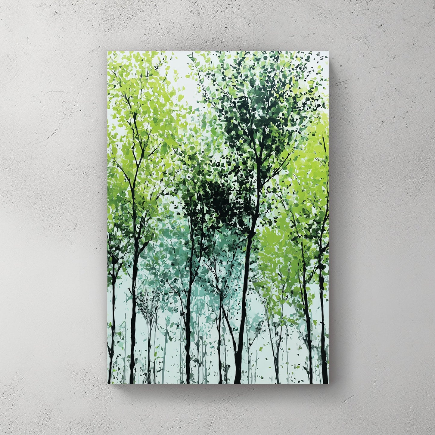 Woodland trees in silhouette with misty foliage wall art print