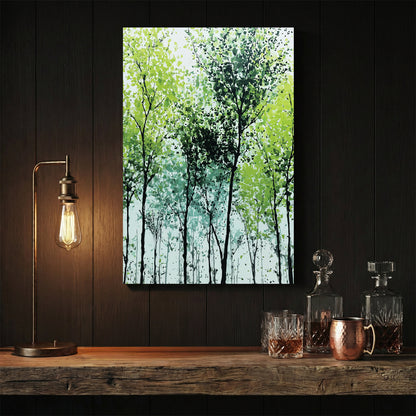 Woodland trees in silhouette with misty foliage wall art print