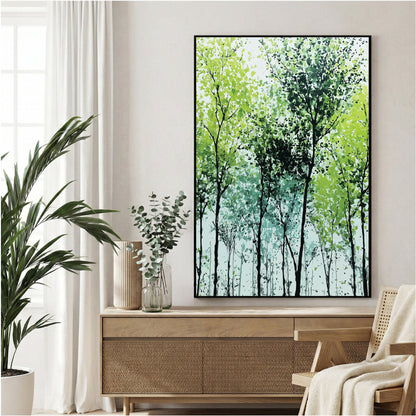 Woodland trees in silhouette with misty foliage wall art print