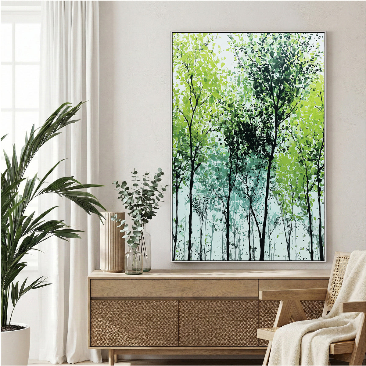 Woodland trees in silhouette with misty foliage wall art print