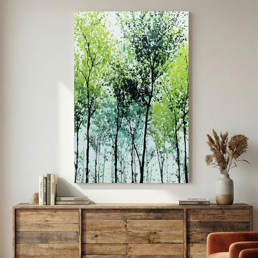 Woodland trees in silhouette with misty foliage wall art print
