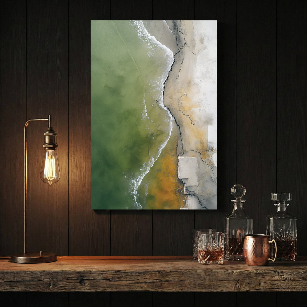 Aerial coastal landscape with turquoise water and sand wall art print