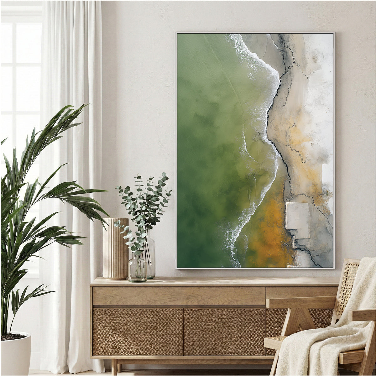 Aerial coastal landscape with turquoise water and sand wall art print