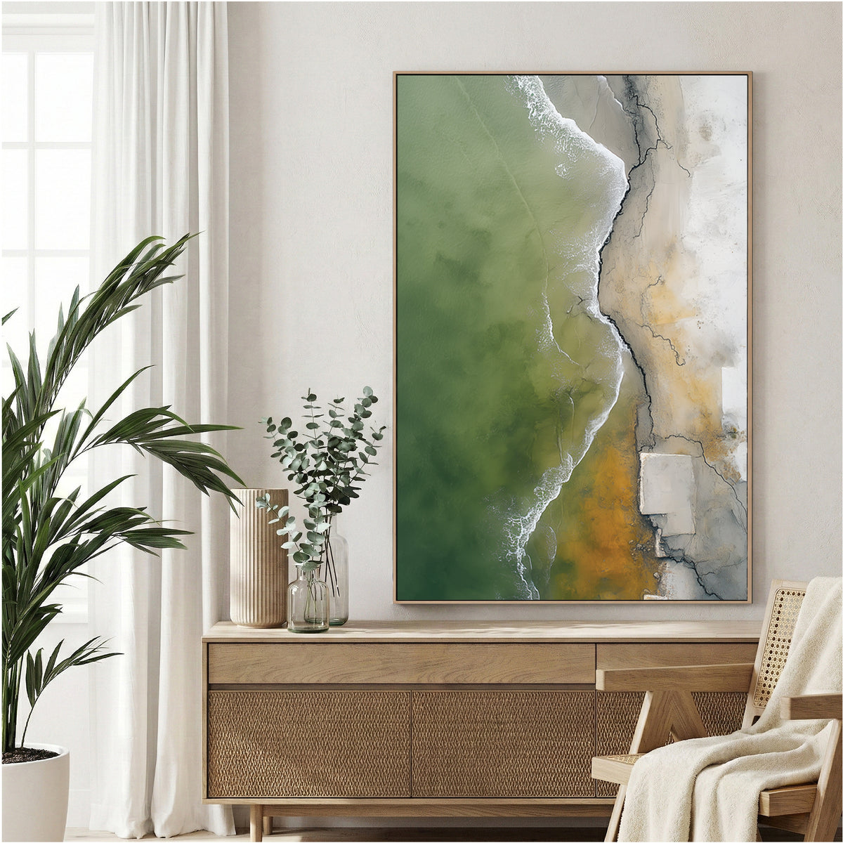 Aerial coastal landscape with turquoise water and sand wall art print