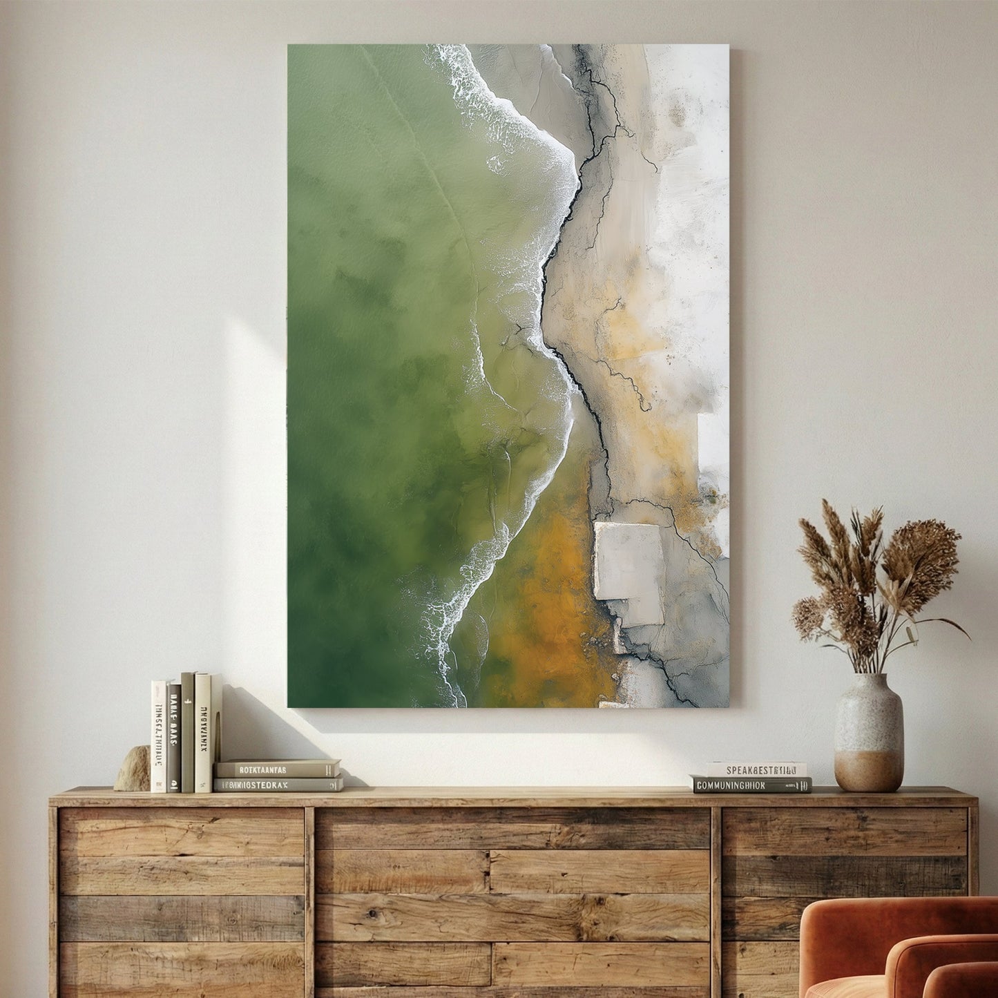 Aerial coastal landscape with turquoise water and sand wall art print