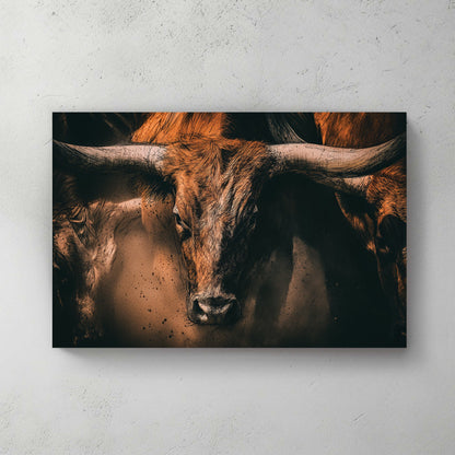 Highland cattle portrait with long horns and detailed coat wall art print