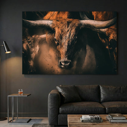 Highland cattle portrait with long horns and detailed coat wall art print