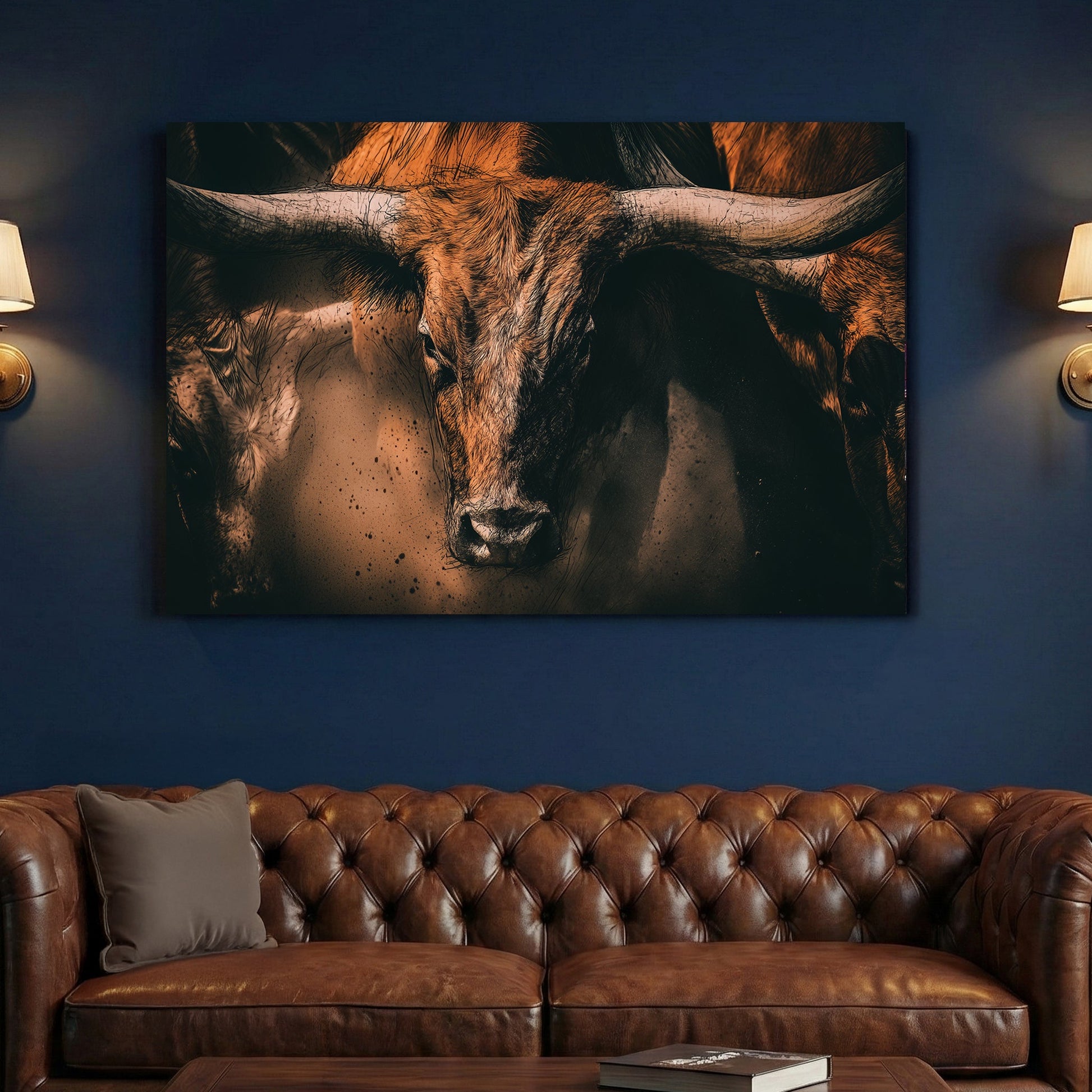 Highland cattle portrait with long horns and detailed coat wall art print