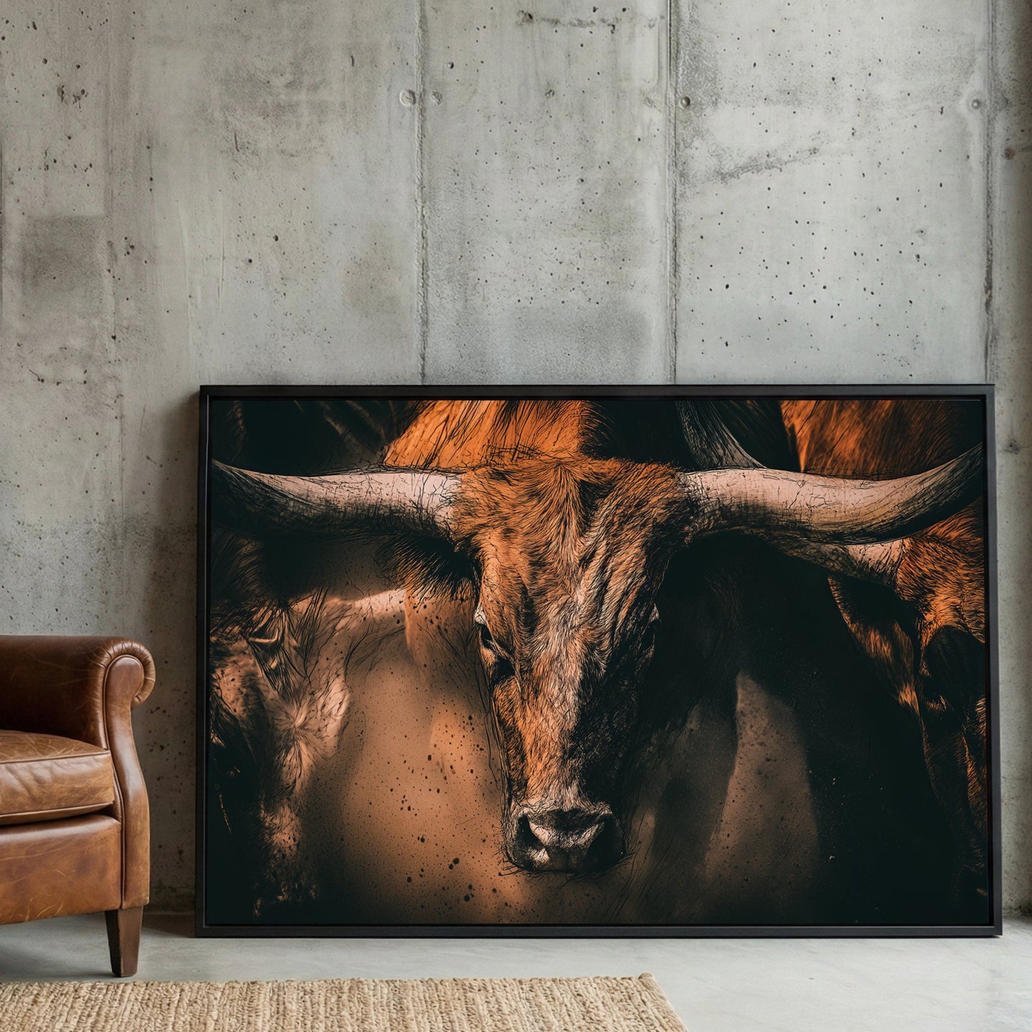 Highland cattle portrait with long horns and detailed coat wall art print