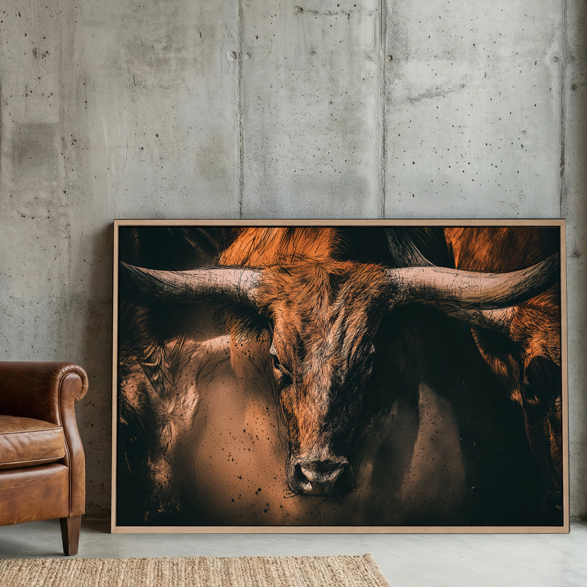 Highland cattle portrait with long horns and detailed coat wall art print