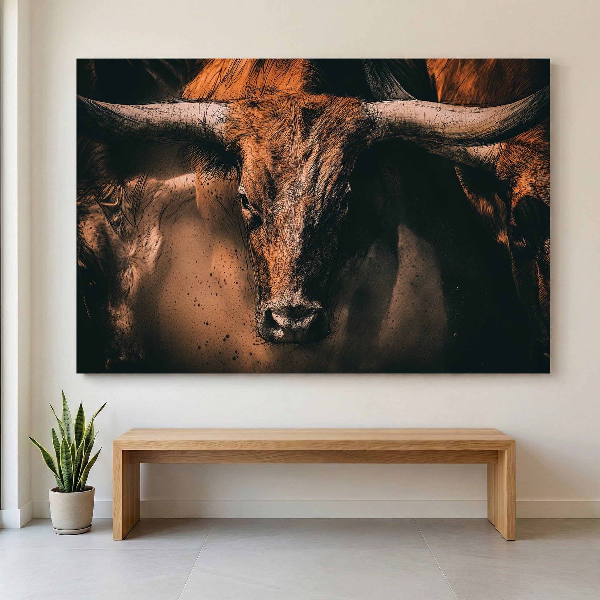 Highland cattle portrait with long horns and detailed coat wall art print