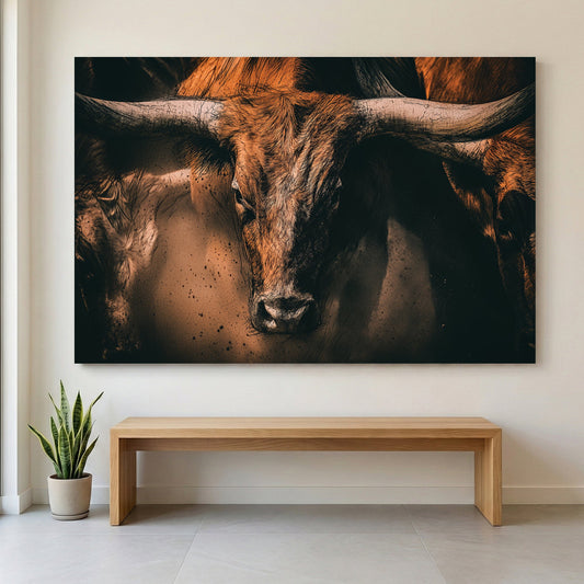 Highland cattle portrait with long horns and detailed coat wall art print