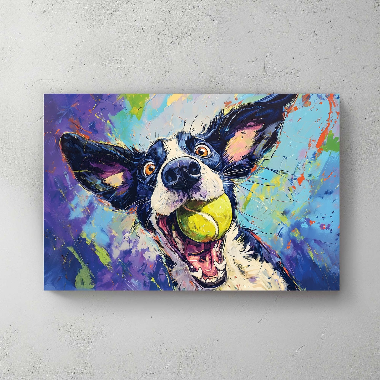 Colorful dog portrait with tennis ball in pop art illustration