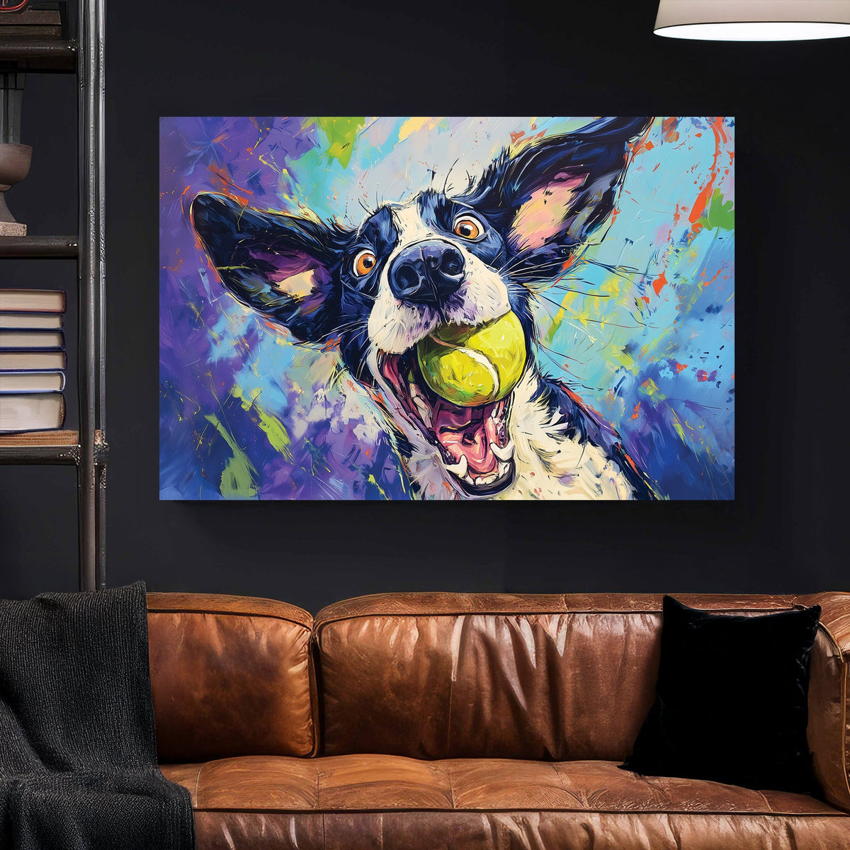 Colorful dog portrait with tennis ball in pop art illustration