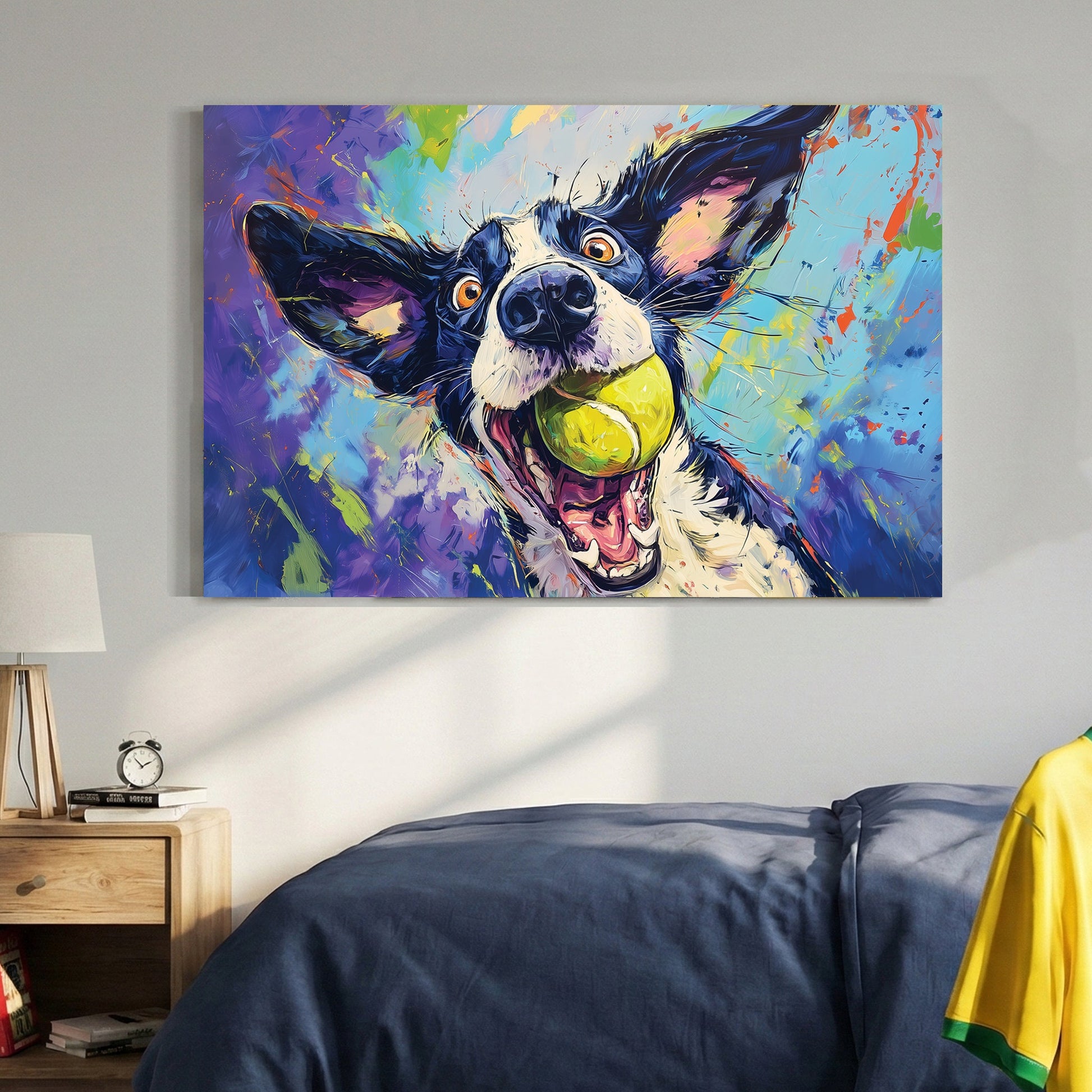 Colorful dog portrait with tennis ball in pop art illustration