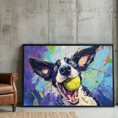 Colorful dog portrait with tennis ball in pop art illustration