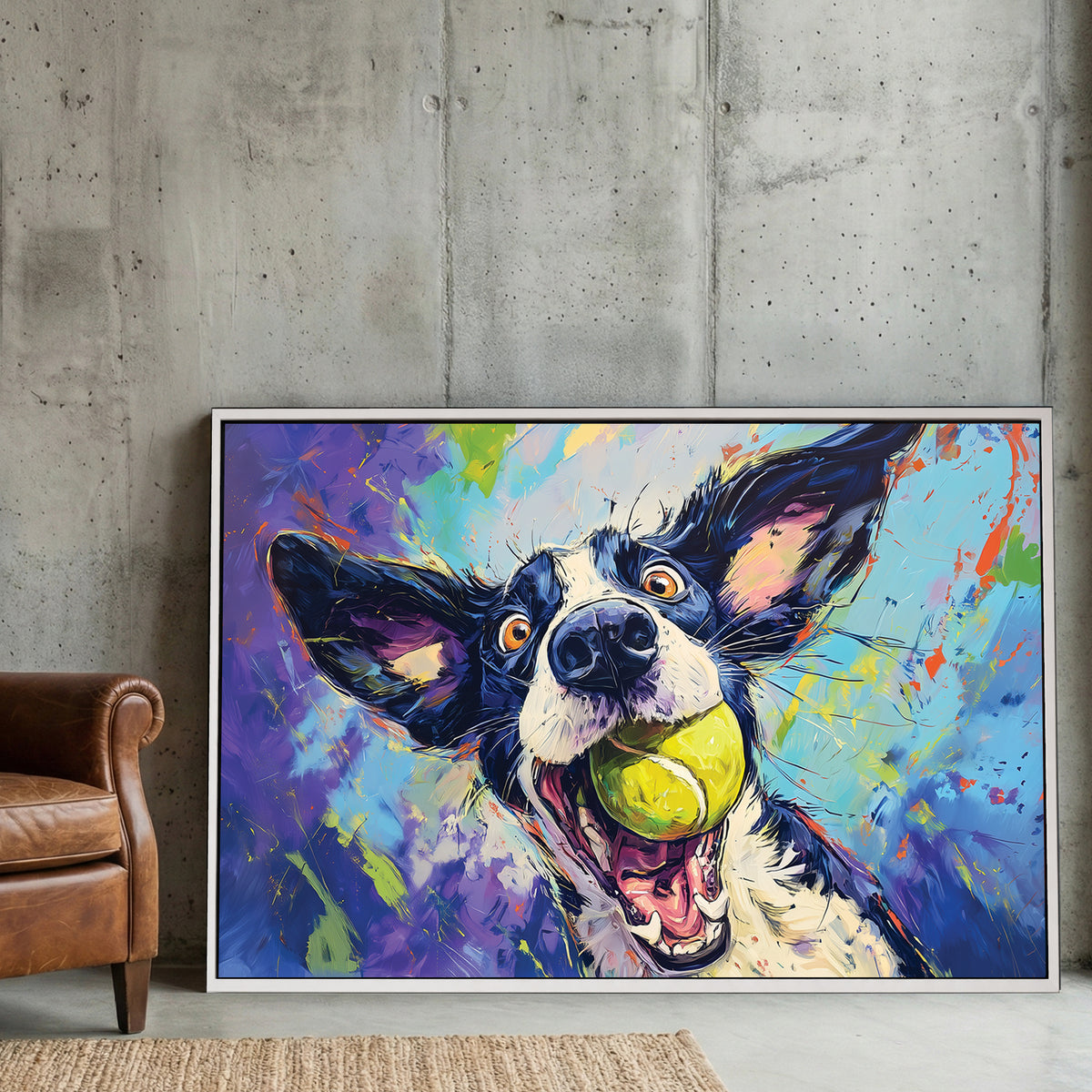 Colorful dog portrait with tennis ball in pop art illustration