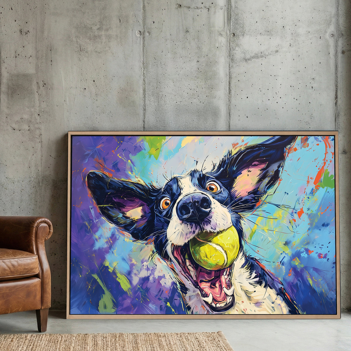 Colorful dog portrait with tennis ball in pop art illustration