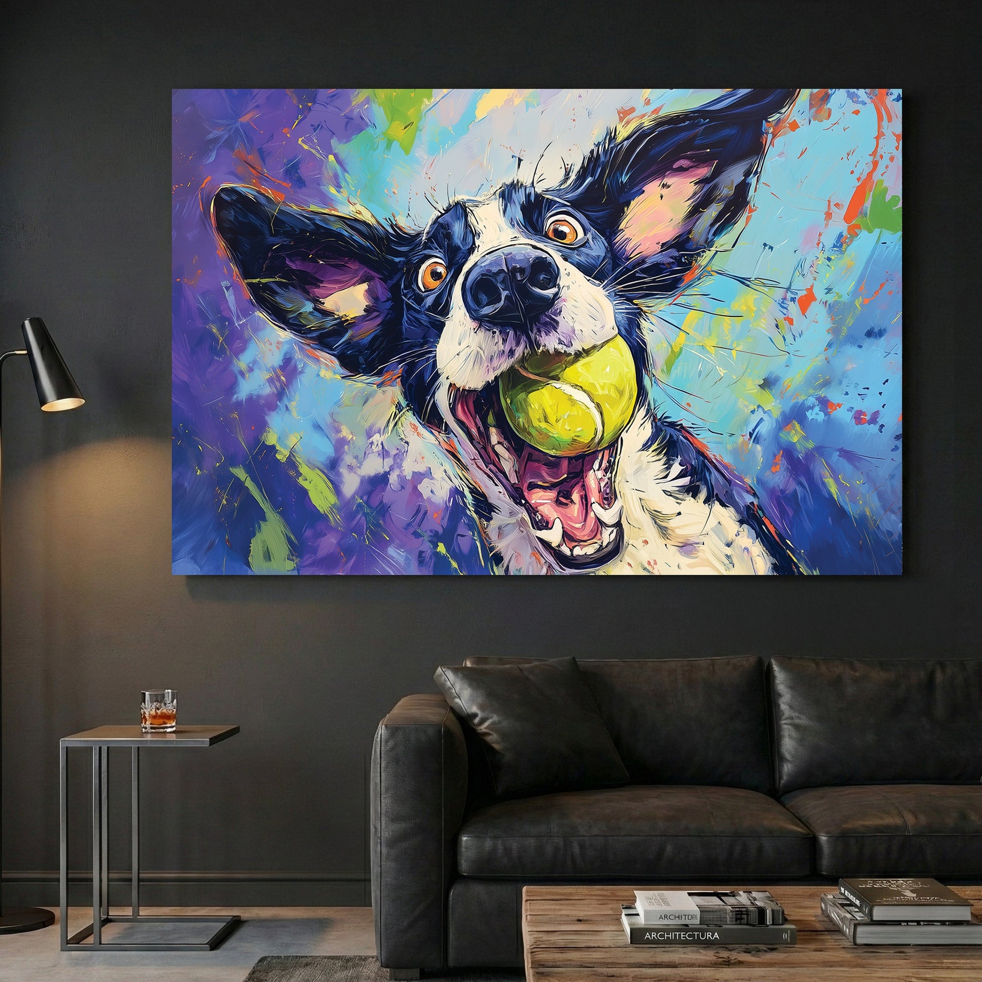 Colorful dog portrait with tennis ball in pop art illustration