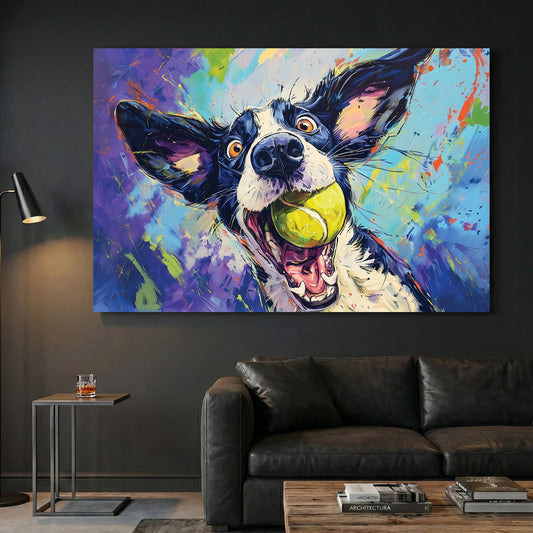 Colorful dog portrait with tennis ball in pop art illustration