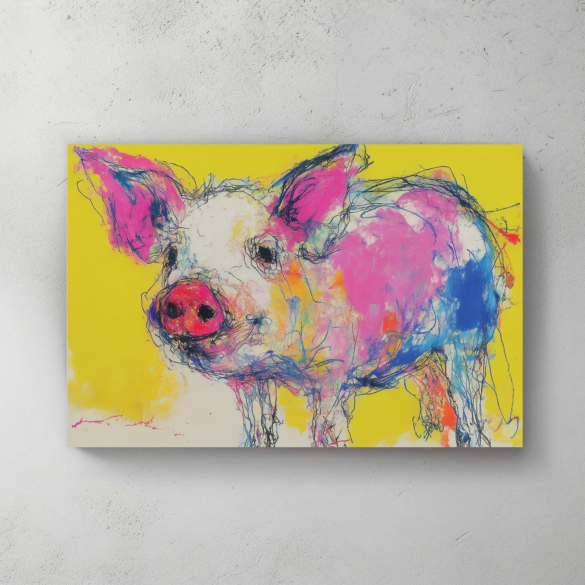Pig pop art portrait with pink and yellow colours wall art print