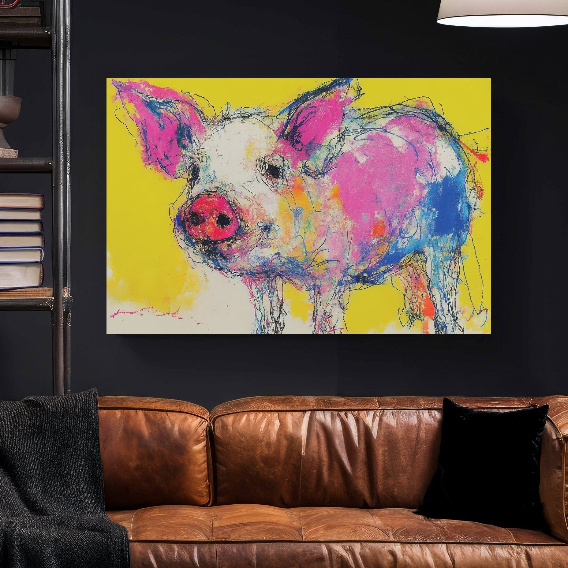 Pig pop art portrait with pink and yellow colours wall art print