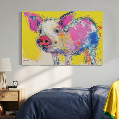 Pig pop art portrait with pink and yellow colours wall art print