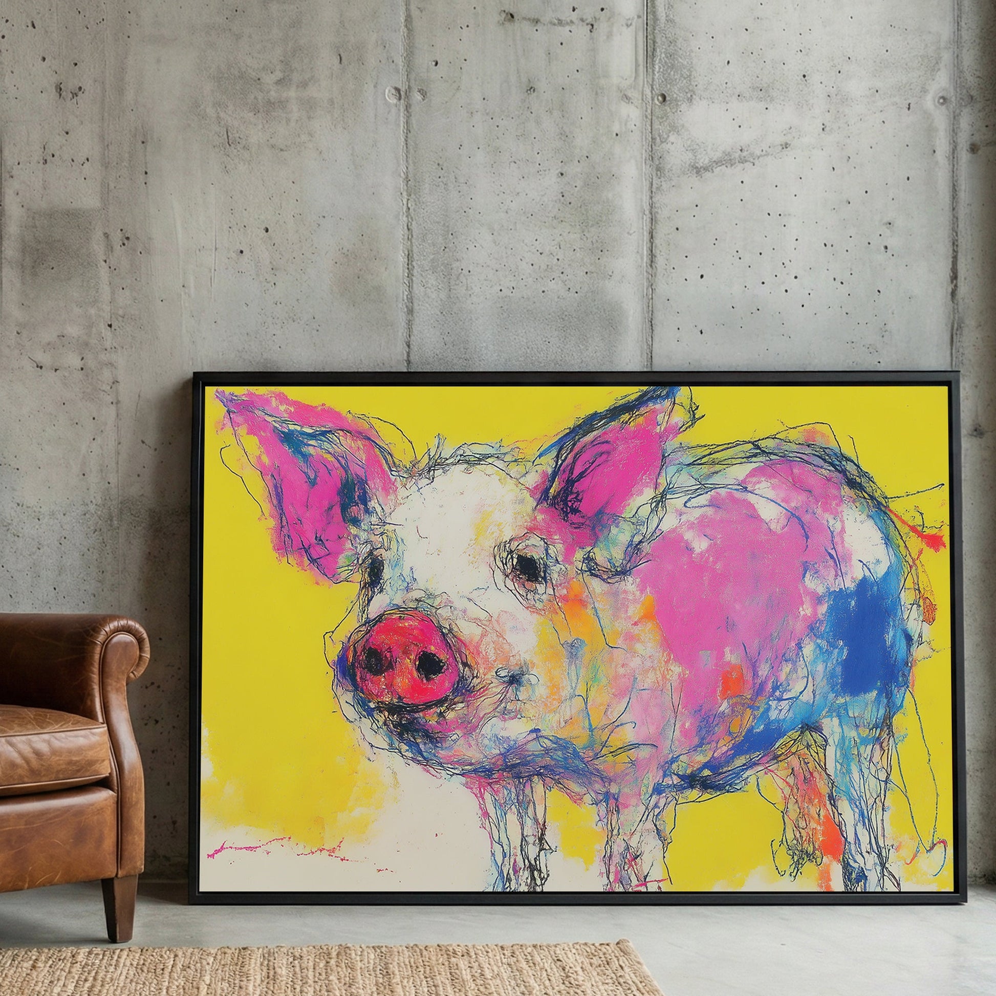 Pig pop art portrait with pink and yellow colours wall art print